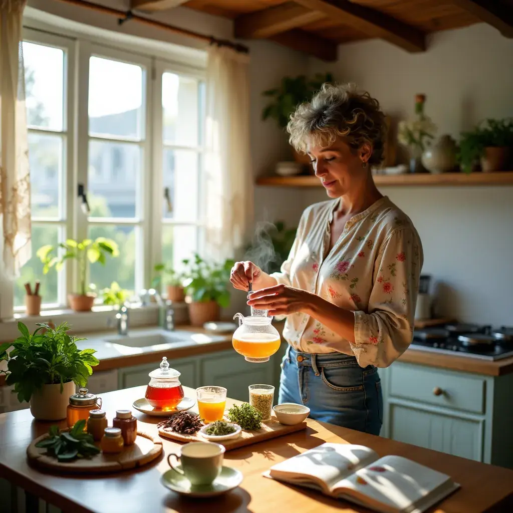 Détail d'une cuillère en bois remplie de mélange d'herbes pour le thé